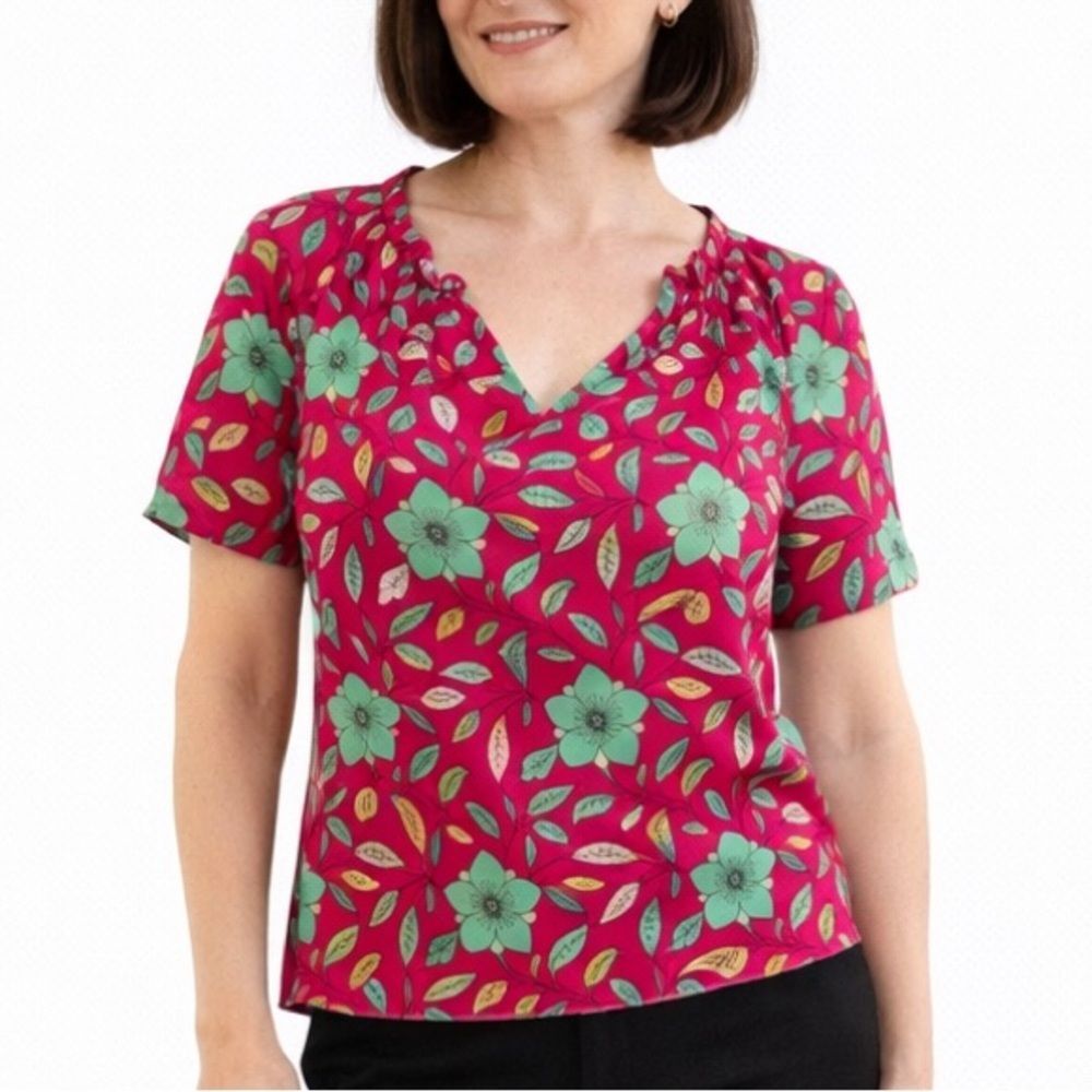 Silk Chiffon Floral Crop Blouse Ruffle Davi Red Green 4 Rare DVF Signature Print